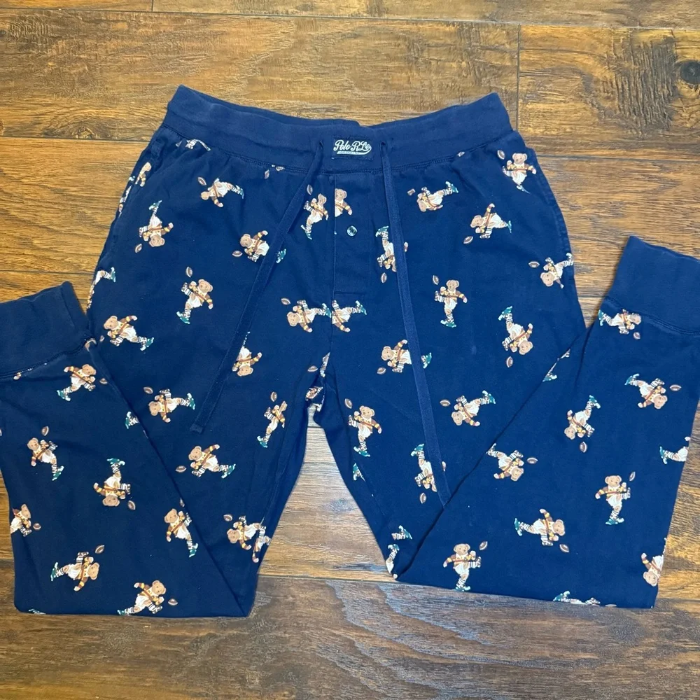 Ralph Lauren Rugby Bear Pajama Pants Mens Large Navy Blue Cotton Sleep Joggers